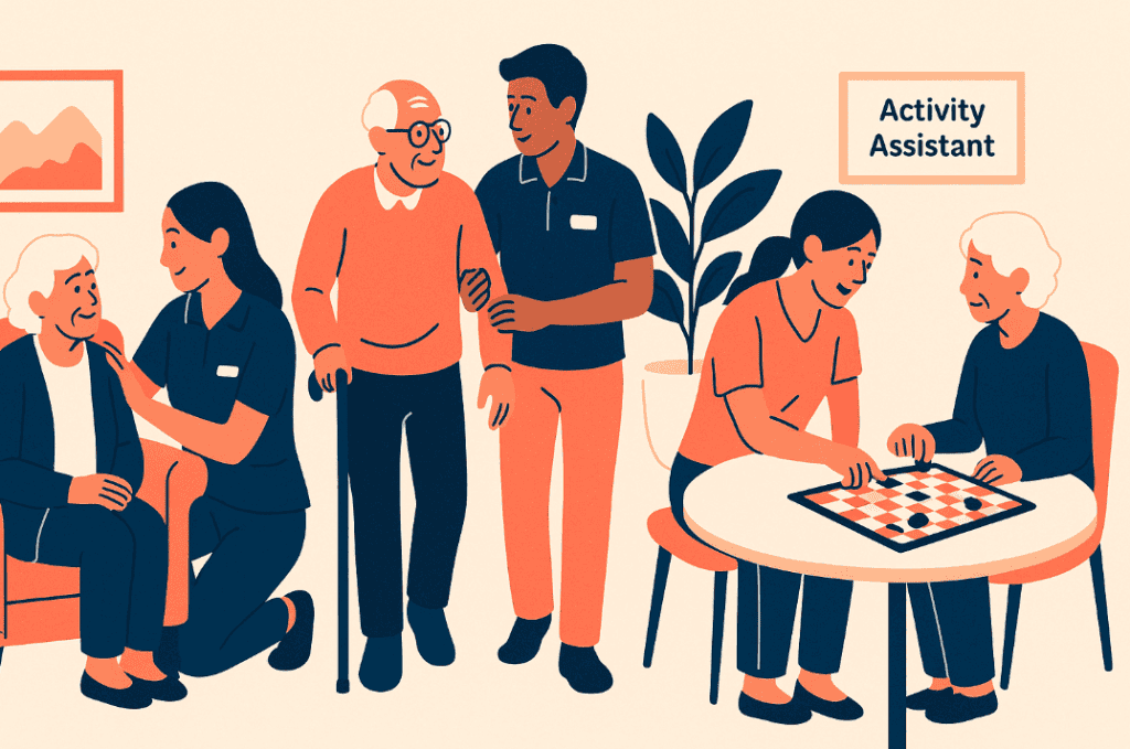 Illustration showing three caregiver scenes: a caregiver kneeling by a seated senior, a home health aide walking with an elderly man using a cane, and an activity assistant playing checkers with a resident. Eldercare job titles, eldercare jobs.