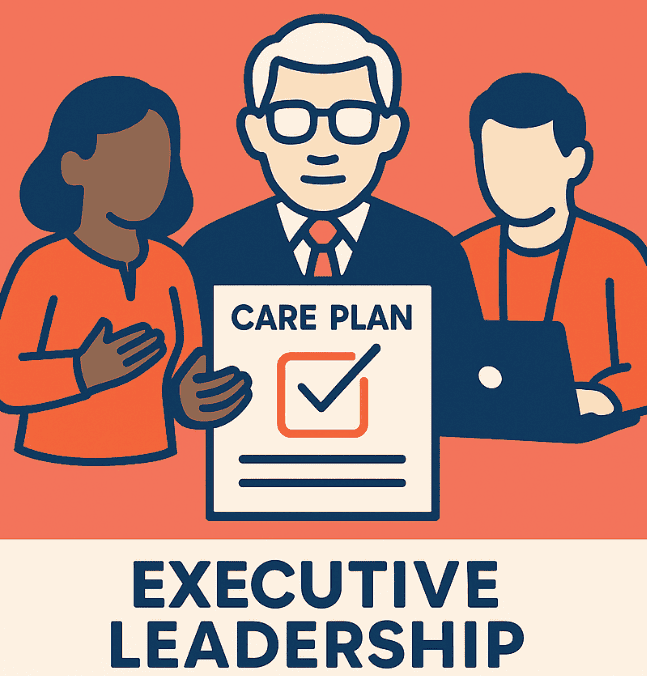 Illustration of a senior male executive holding a “Care Plan” document, flanked by a woman placing her hand on her heart and a man working on a laptop—representing eldercare leadership roles.