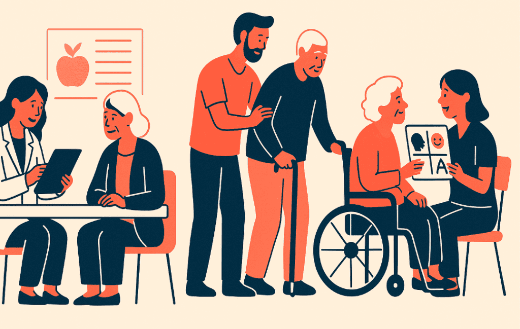 Illustration showing a nutritionist reviewing a chart with a senior, a physical therapist supporting an elderly man with a cane, and a speech therapist helping a woman in a wheelchair with a visual aid.